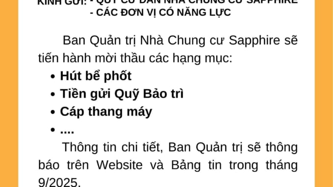 Thông báo kế hoạch mời thầu 9.2025